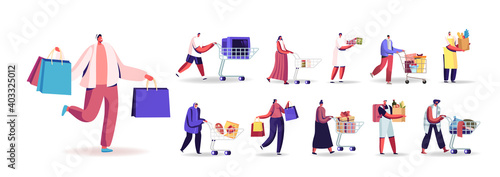 Set of People with Shopping Packages Buying Grocery, Gifts. Male and Female Characters Push Trolley, Carry Paper Bags