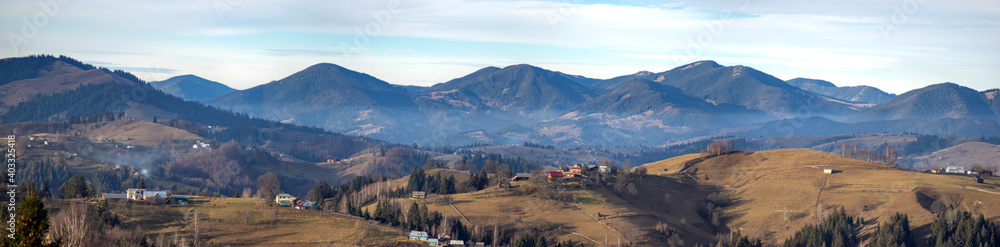 Panorama of a mountain village in the Ukrainian carpathians