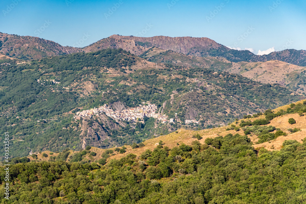View of Francavilla di Sicilia and surrounding valley and mountains