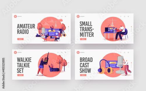 Tiny Characters Radio Amateurs at Huge Receiver Landing Page Template Set. Men and Women Using Walkie Talkie, Program