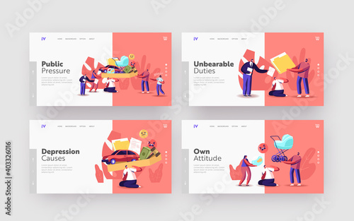 Public Pressure Landing Page Template Set. Tiny Characters Put Huge Box Full of Society Attributes on Man Shoulders