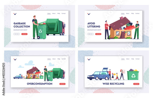 Overconsumption Landing Page Template Set. Family or Customers Characters Load Goods from Car to Home Full of Things