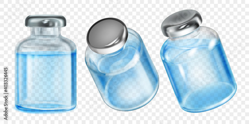 Set of realistic translucent coronavirus vaccine bottles with light blue liquid on transparent background