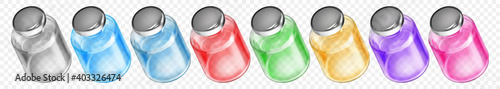 Set of realistic translucent coronavirus vaccine bottles with multicolored liquids on transparent background