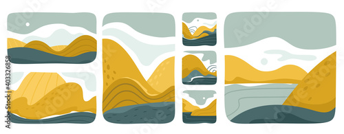 Set of various abstract landscapes. Mountains, hills, rivers, landscapes, backgrounds. Square icons, badges. Cutout style. Vector backgrounds.