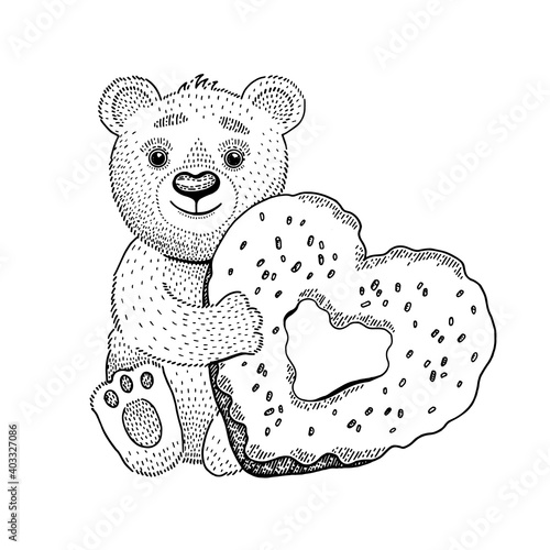 Bear toy vector with heart donut. Cute love Valentine day drawing. Happy teddy illustration. Cartoon Valentine s clip art. Sketch line friend cart or coloring book animal
