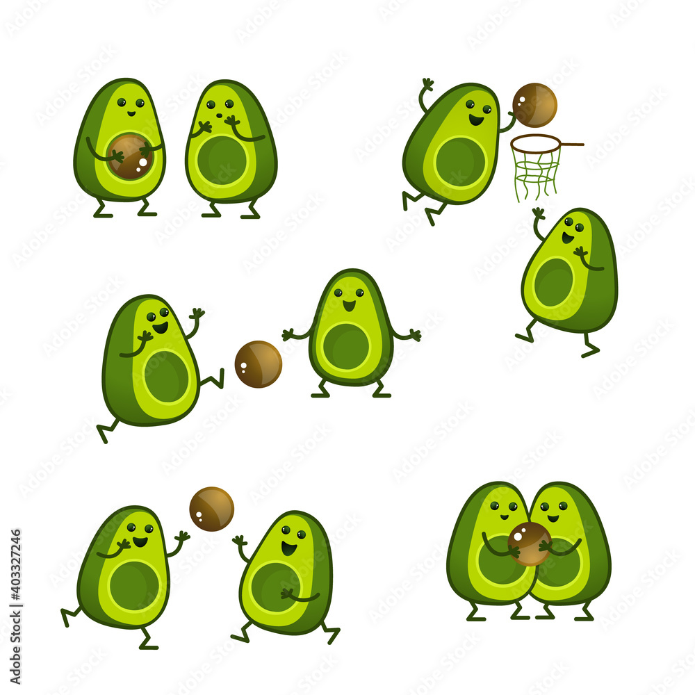 Cartoon avocado characters play ball. A kawaii avocado cut in half is a sport. Healthy lifestyle illustration isolated on white background. Cartoon avocado characters play ball. A kawaii avocado cut in half is a sport. Healthy lifestyle illustration isolated on white background.