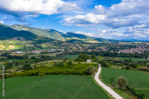 Aerial view of the countryside outside the Italian town of Fabriano, Marche. Fabriano is famous for its production of traditional paper