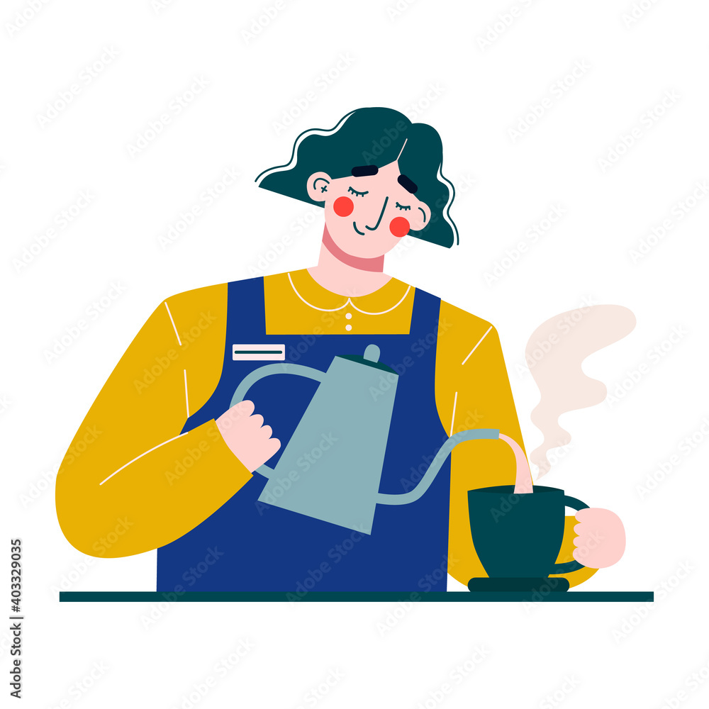 Woman barista making coffee or tea. Female barista. Flat vector illustration.