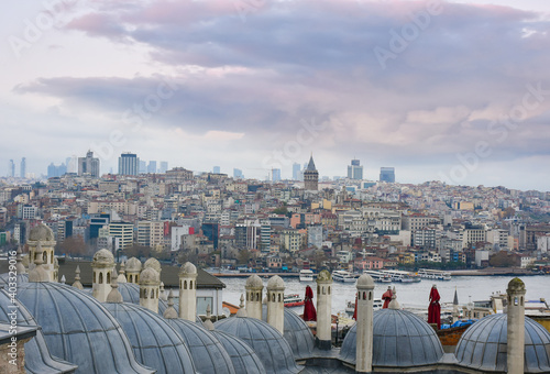 Cityscape from the domes of Suleymaniye Mosque, Istanbul, Turkey. Panoramic view of Istanbul.