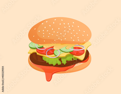 Cheeseburger with meat, salad, tomato, cucumber, onion, sauce and cheese. Vector flat illustration of fast food hamburger for poster, advertisement, menu, web, restaurant.