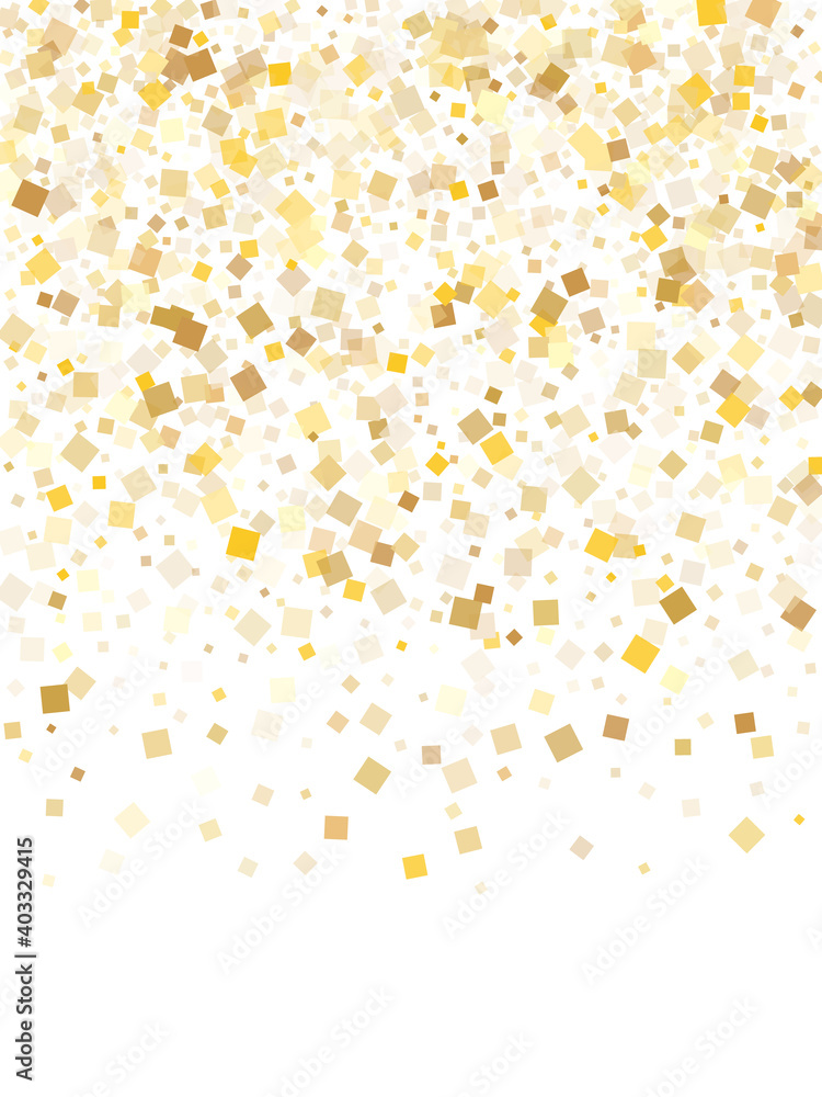 Glowing gold confetti sequins sparkles flying on white. Chic New Year vector sequins background. Gold foil confetti party explosion pattern. Many sparkles surprise backdrop.