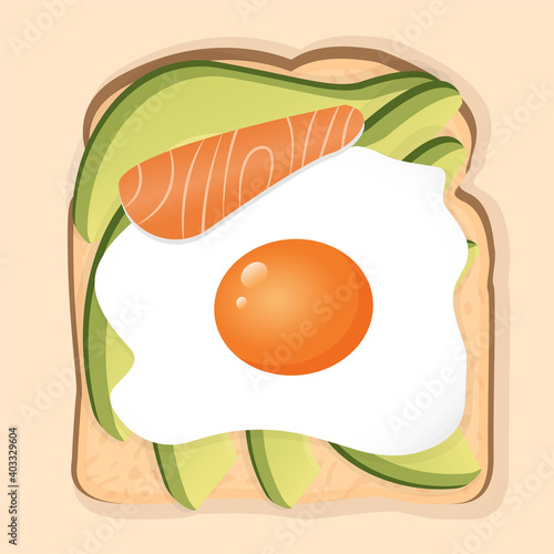 Sandwich with white toast bread, fried egg, salmon and avocado pieces. Vector illustration of a healthy breakfast for poster, advertisement, menu, web. Healthy lifestyle.