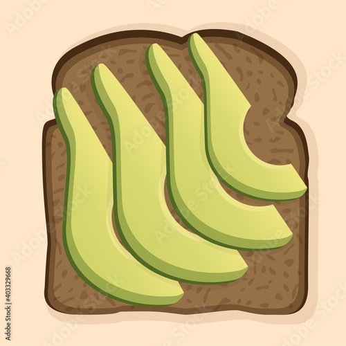 Sandwich with black toast bread and avocado slices. Vector illustration of a healthy breakfast for poster, advertisement, menu, web, restaurant, cafe. Healthy lifestyle.