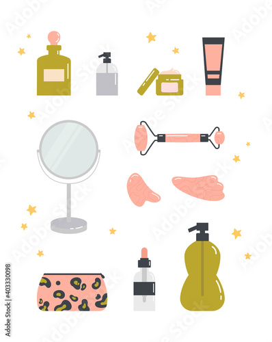 Beauty routine. Face and body skin care concept. Cleansing, moisturizing, treating, gua sha stone. Various cosmetics. Bathroom accessories. Hand drawn vector set. Trendy colored illustration. 