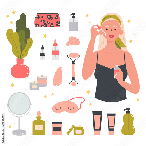 Woman with facial gua sha stone. Beauty routine. Face and body skin care concept. Attractive girl with various cosmetics and accessories for beauty. Hand drawn trendy colored illustration. 
