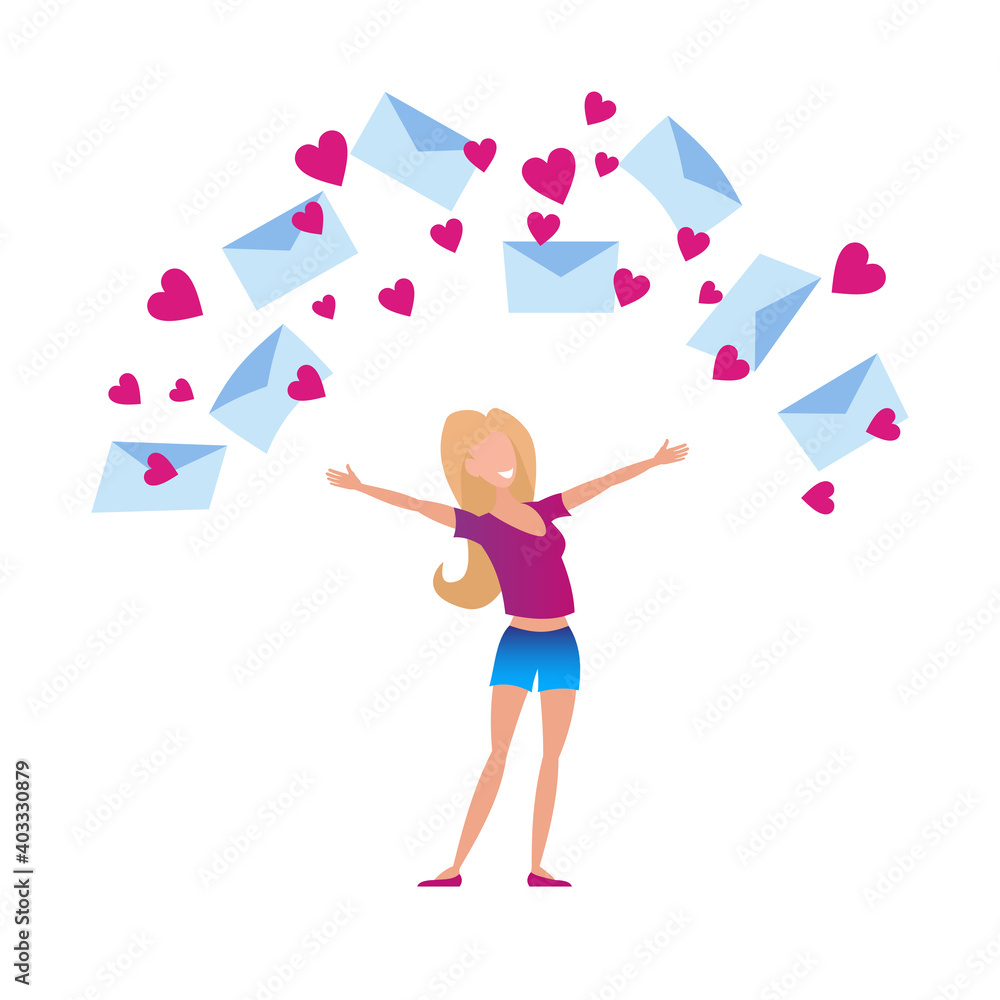 Valentine's Day. A happy woman rejoices at a large number of congratulations, love letters.