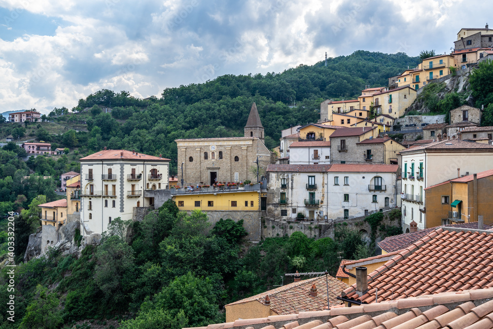 View of the typical village of Castelmezzano with the church of Santa Maria dell'Olmo, province of Potenza, Basilicata, Italy
