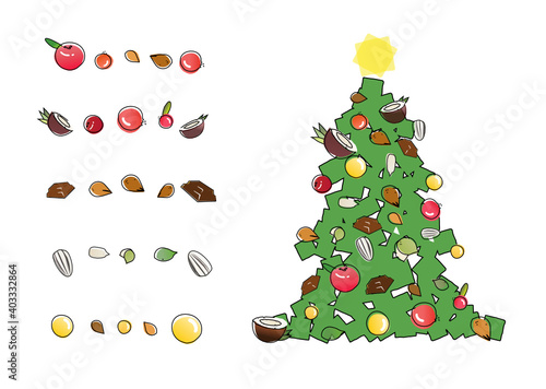 Healthy snack ingredients decorated Christmas tree, perfect for healthy food packaging and brandign