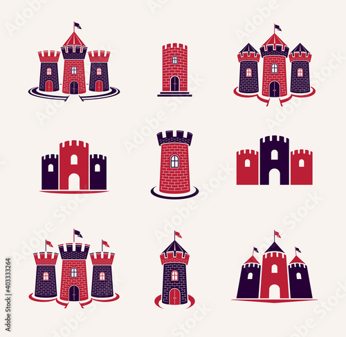 Fortresses emblems vector emblems big set, castles heraldic design elements collection, classic style heraldry architecture symbols, antique forts and citadels.