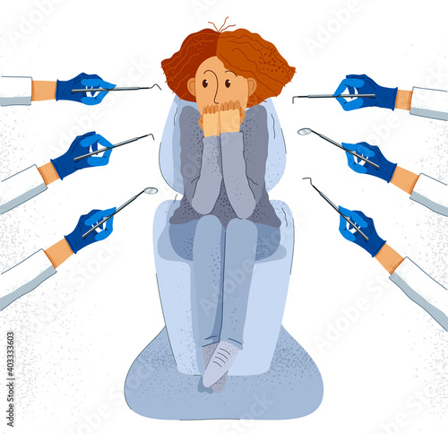 Dentophobia fear of dentist doctor and painful teeth fixing vector illustration, girl surrounded with dentist hands in gloves with dental tools scared in panic attack.