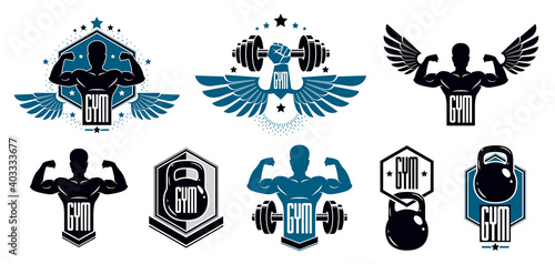 Gym fitness sport emblems and logos vector set isolated with barbells dumbbells kettlebells and muscle body man silhouettes and hands, athletics workout sport club, active lifestyle.