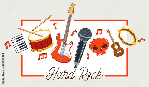 Rock music band vector poster flat illustration isolated over white background, hard rock and heavy metal live sound festival or concert flyer or advertising banner, rock n roll musical band playing.