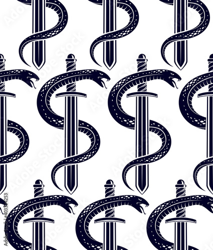 Snakes seamless background, vector dangerous venom serpents pattern, vintage style drawing tiling endless wallpaper.