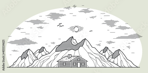 Cabin in mountains linear vector nature illustration isolated on white, log cabin cottage for rest, holidays and vacations theme line art drawing, beauty in nature, woodhouse resort.