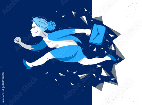 Businesswoman break the wall vector concept of business success and challenge, problems solving brave and strong woman employee worker.