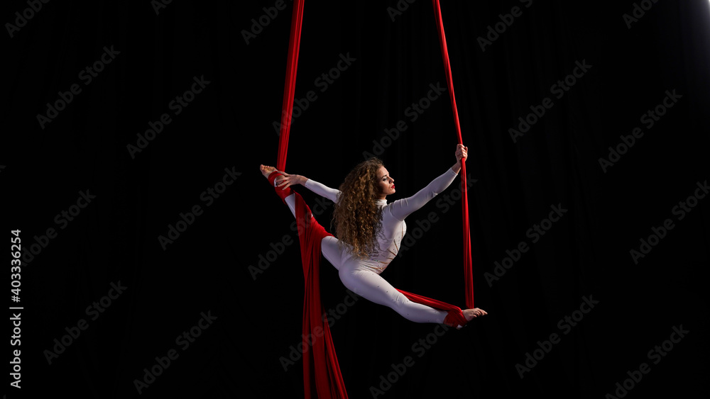 aerial girl professional circus performer performs acrobatic elements twist, flexibility, grace
