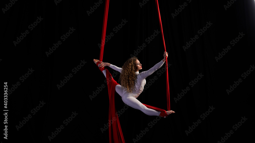 aerial girl professional circus performer performs acrobatic elements twist, flexibility, grace aerial girl professional circus performer performs acrobatic elements twist, flexibility, grace