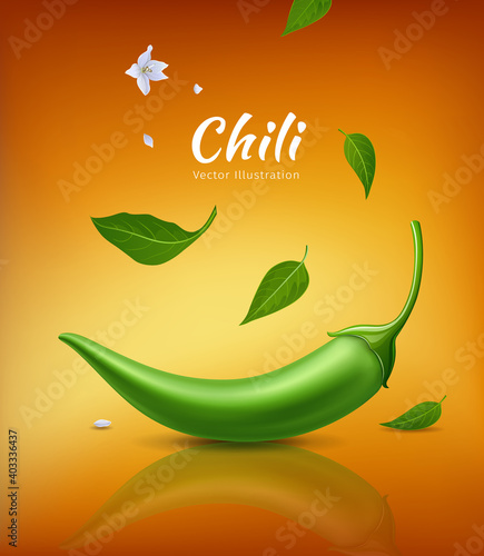 Chili peppers green fresh and leaves, flower chili realistic design, on yellow orange background, Eps 10 vector illustration