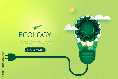 Paper art of green ecology and save energy for environment conservation concept landing page website template background.Vector illustration.