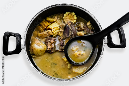 Olla con sancocho de costilla colombiano silueteada photo