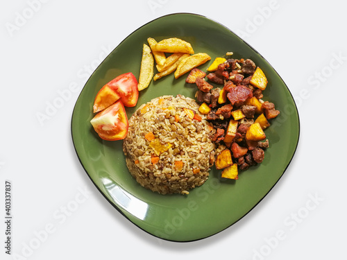 Arroz con lentejas y picada de carne silueta photo