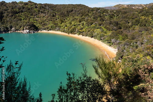 Elevated view of the deserted, sandy beach at Pukatea Bay, Able Tasman National Park, New Zealand. photo