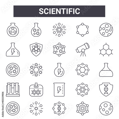 scientific outline icon set. includes thin line icons such as nuclear, chemistry, nucleus, science, physics, molecular, planet, organism. can be used for report, presentation, diagram, web and photo