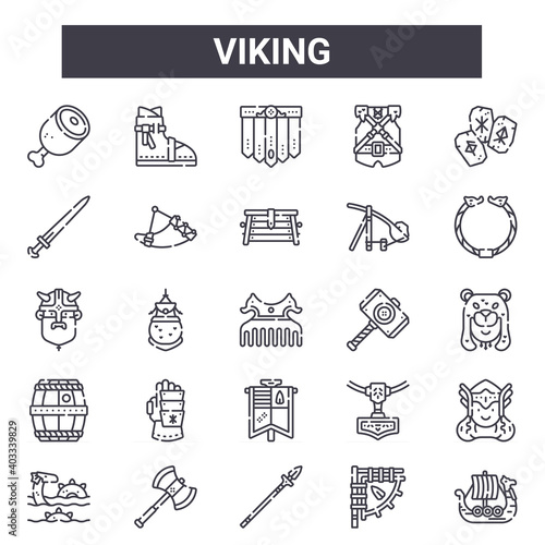 viking outline icon set. includes thin line icons such as meat, sword, hammer, amulet, flag, skirt, viking ship, chest. can be used for report, presentation, diagram, web and mobile design