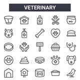 veterinary outline icon set. includes thin line icons such as elizabethan collar, cat, pet carrier, veterinary, litter box, pet shampoo, bird, bone. can be used for report, presentation, diagram,