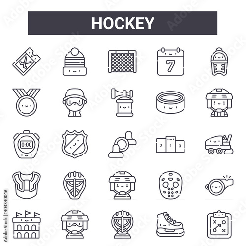 hockey outline icon set. includes thin line icons such as ticket, medal, podium, hockey mask, ice skates, goal, tactics, air horn. can be used for report, presentation, diagram, web and mobile