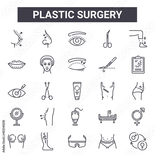 plastic surgery outline icon set. includes thin line icons such as breast, lips, scar, hospital, belly, eye, gender, eye. can be used for report, presentation, diagram, web and mobile design