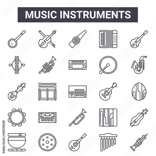 music instruments outline icon set. includes thin line icons such as banjo, cymbals, ukulele, cajon, chimes, kazoo, oboe, harmonica. can be used for report, presentation, diagram, web and mobile