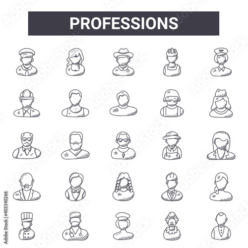 professions outline icon set. includes thin line icons such as driver, professional profile, farmer, professional profile, clown, spy, manager, employer. can be used for report, presentation,
