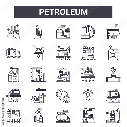 petroleum outline icon set. includes thin line icons such as oil, petrol, oil platform, blowout, oil refinery, plant, pumpjack, drill. can be used for report, presentation, diagram, web and mobile