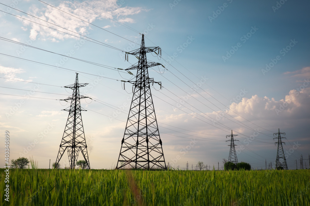 © es0lex - High voltage lines and power pylons in a flat and green agricultural landscape on a sunny day with clouds in the blue sky. Cloudy and rainy. Wheat is growing © es0lex - High voltage lines and power pylons in a flat and green agricultural landscape on a sunny day with clouds in the blue sky. Cloudy and rainy. Wheat is growing
