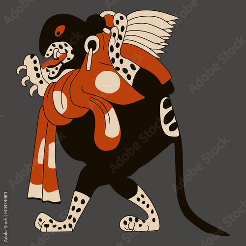 Fantastic animal. Angry anthropomorphic jaguar. Native American art of Maya Indians.	