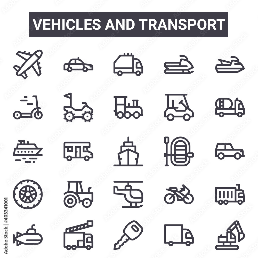 vehicles and transport outline icon set. includes thin line icons such as  airplane, electric scooter, inflatable boat, motorcycle, truck, garbage  truck, digger, train. can be used for report, vector de Stock