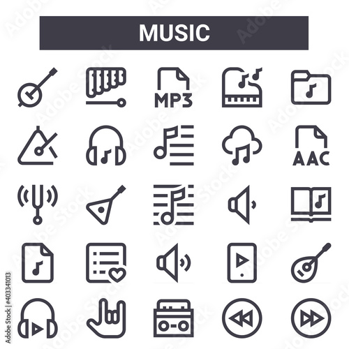 music outline icon set. includes thin line icons such as banjo, triangle, low volume, play, rewind, mp, forward, playlist. can be used for report, presentation, diagram, web and mobile design