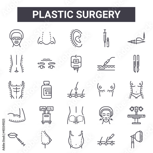 plastic surgery outline icon set. includes thin line icons such as woman, buttocks, breast, woman, depilation, ear, anesthesia, dropper. can be used for report, presentation, diagram, web and mobile
